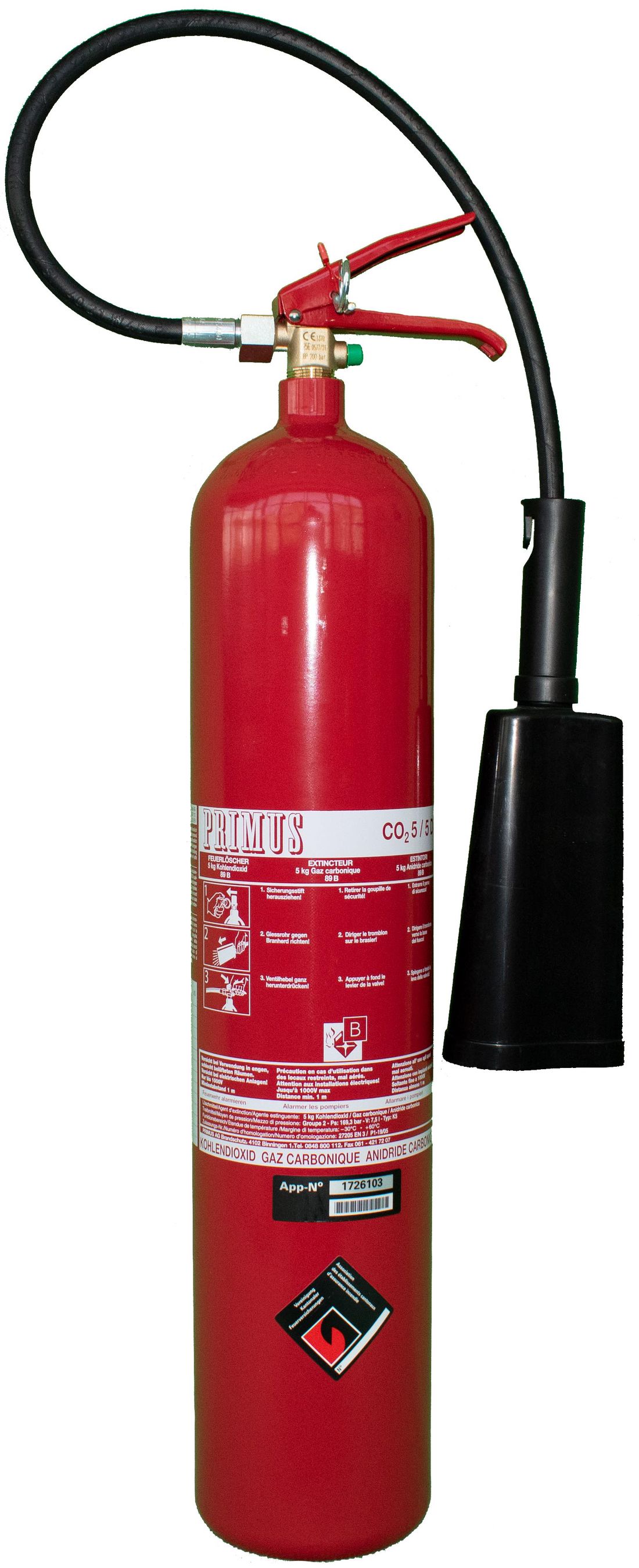 Primus Plus Co2 5D Kohlendioxid Handfeuerlöscher, 5 kg - Hebetech AG