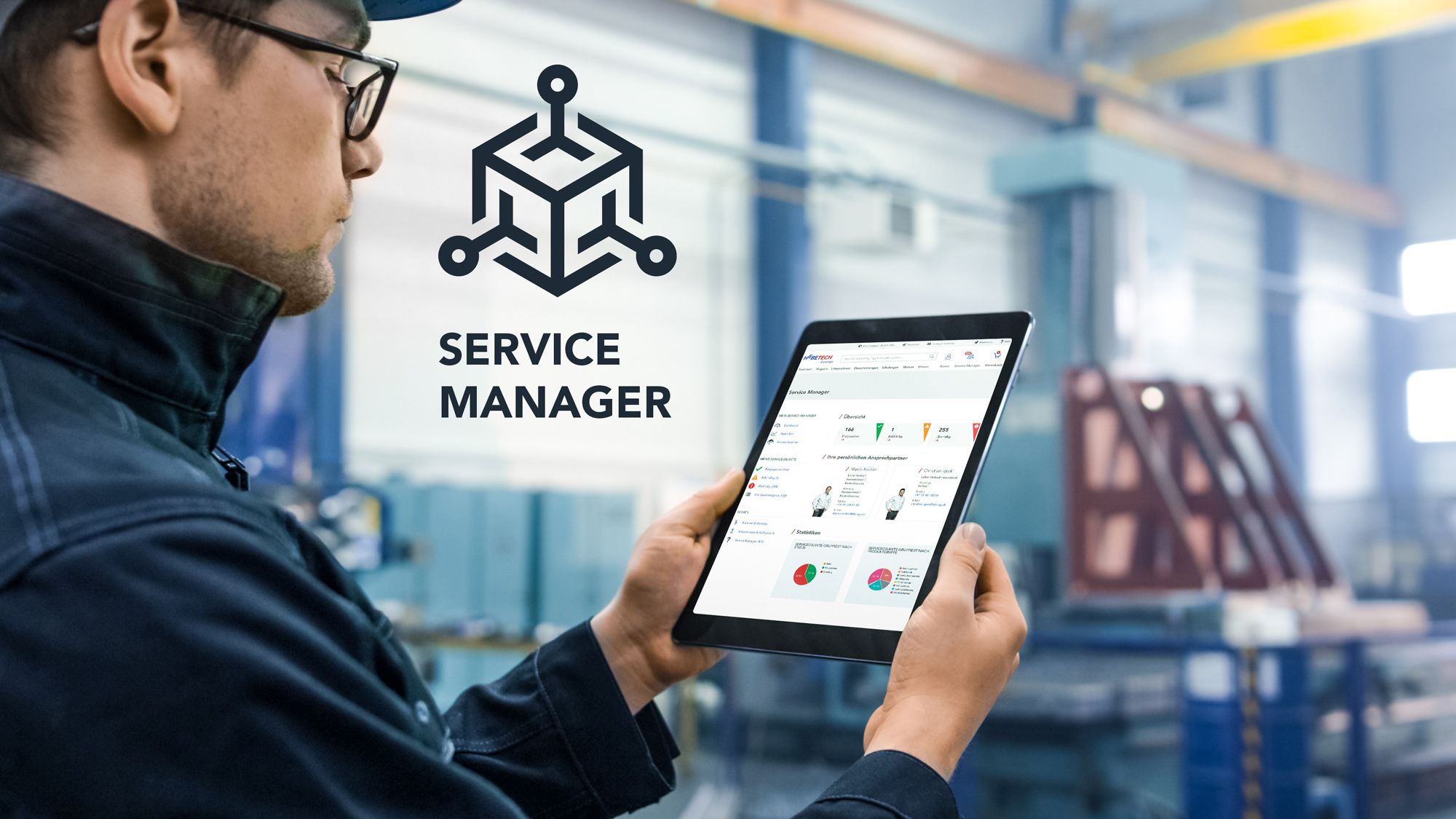 Teaserbild des Hebetech Service Manager mit dem Logo kombiniert.